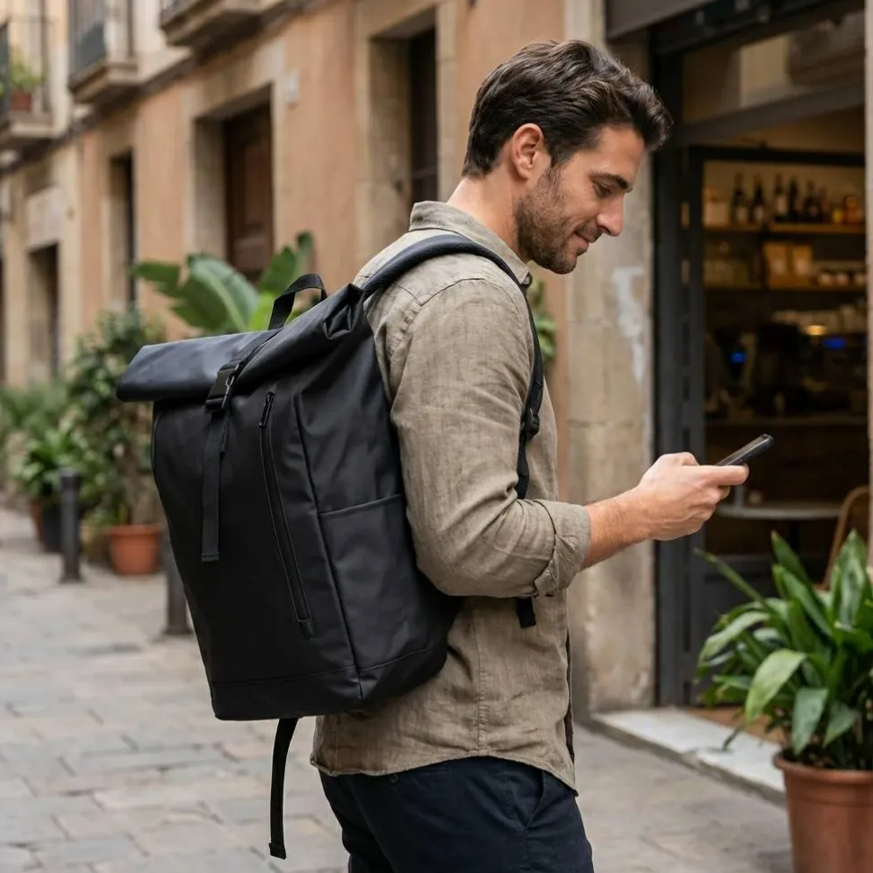 Sac à dos à roulettes avec système de fermeture à glissière permettant de rouler la partie supérieure pour l'adapter au volume du sac à dos, fabriqué en polyester recyclé 600D - Egotier 92571
